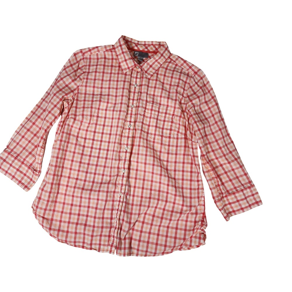 JCP Womens Red Orange Gingham Check 3/4 Sleeve Button Down Cotton Shirt Size L